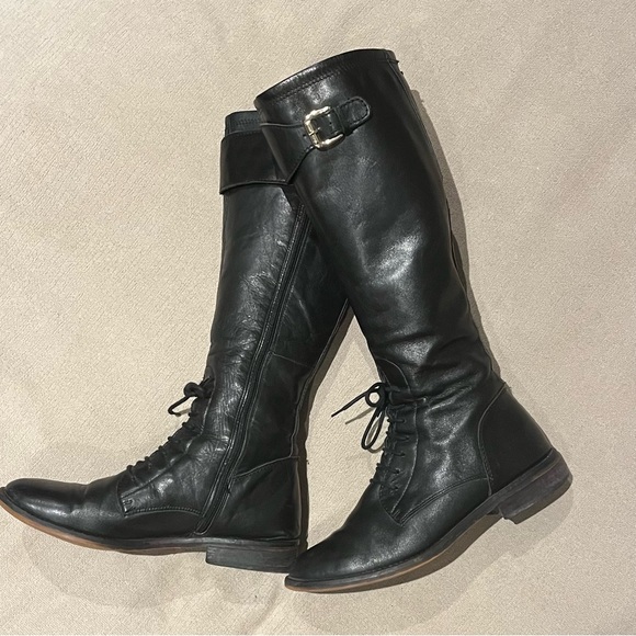 TOWN SHOES Tall Black Leather Riding Boots gold accent buckle
size 8 EUC - Picture 1 of 14